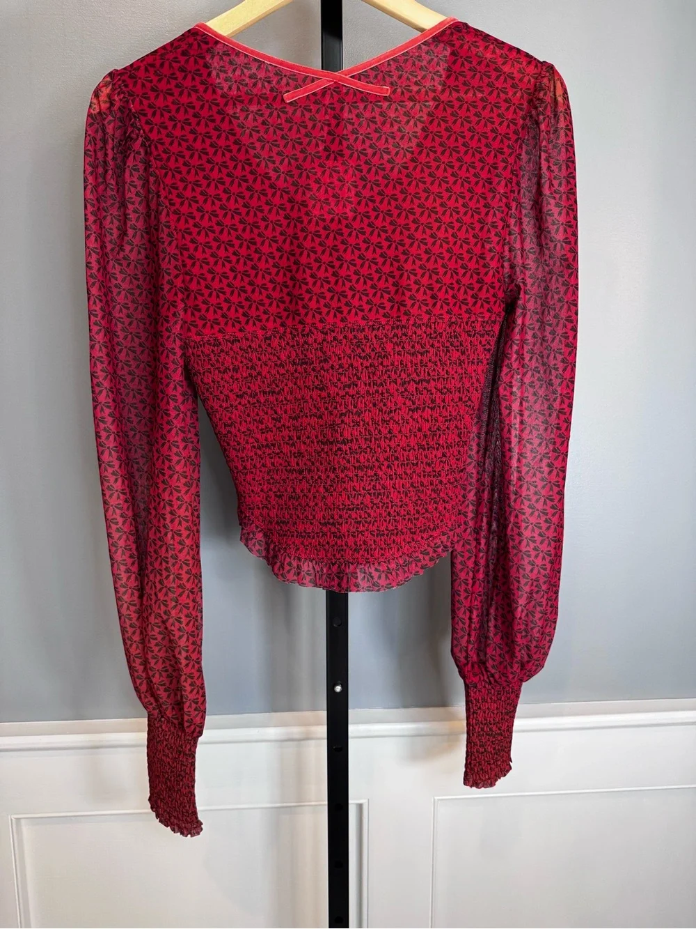 Free People Dottie Knit Top Salsa Red Floral Smocked Blouse Medium NWT